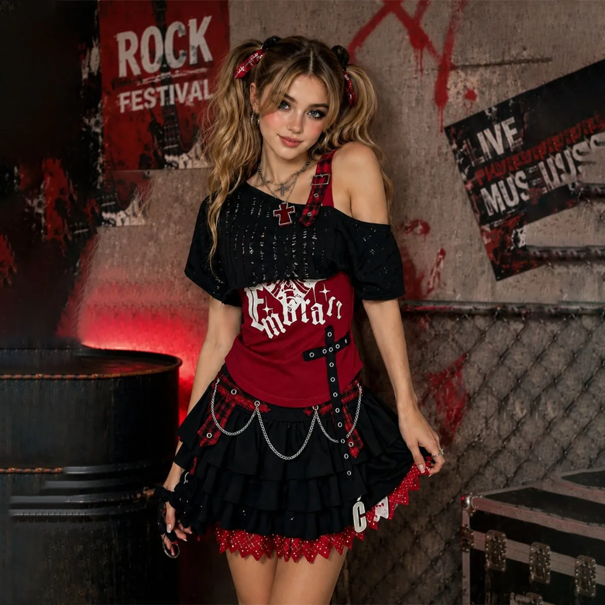 Damen Sweetpunk Gothic 3-teiliges Set Schulterfreies Schwarzes Top Bedrucktes Trägertop Mehrlagiger Rüschen-Minirock mit Kettendetail Y2K Goth Alt