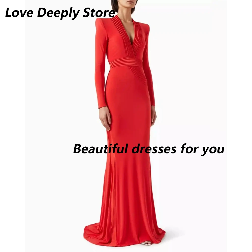 

Red Modern Evening Dress Customized V Neck Long Sleeves Mermaid Prom Gown Pleated Trumpet Floor Length Formal Party Dresses