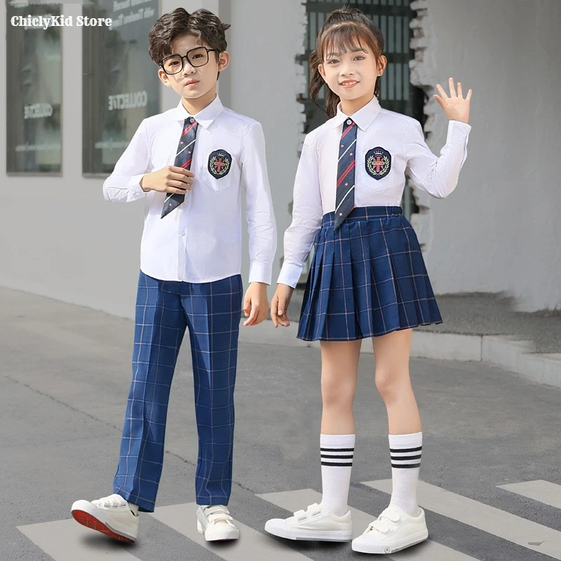 Boys Shirt Pants Girls Blouse Pleated Skirt Kids British School Uniform Children Spring Autumn Kindergarten Students Clothes Set