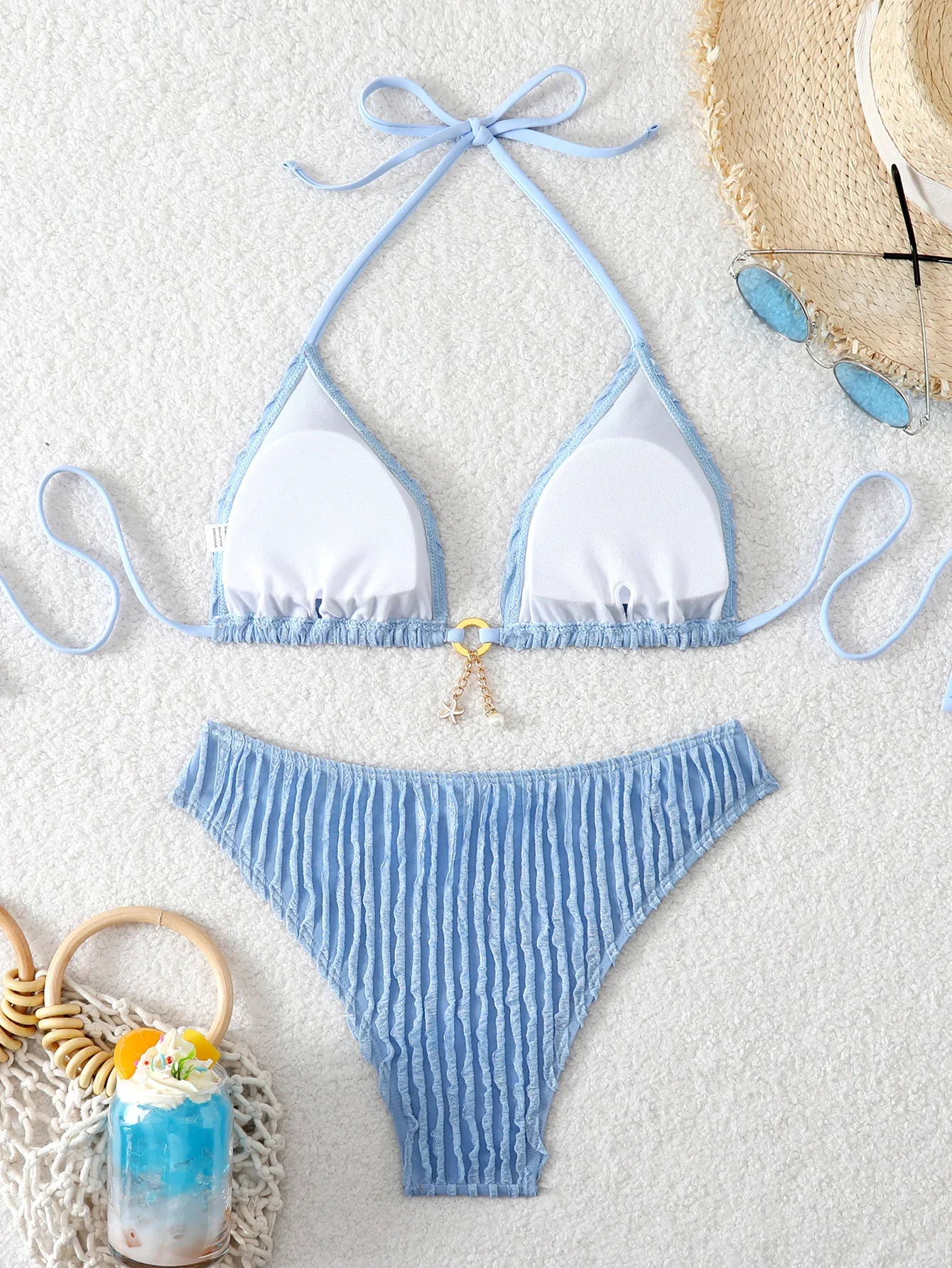Triangle Halter String Bikini Set Women Sexy Swimsuit Solid Ring Linked Swimwear Female Bathers Bathing Swimming Suit