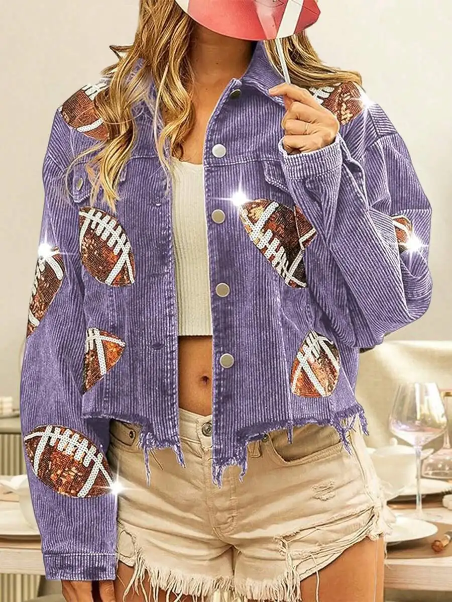 

Женская укороченная вельветовая куртка с пайетками в виде футбольного мотива, необработанным краем и застежкой на пуговицах