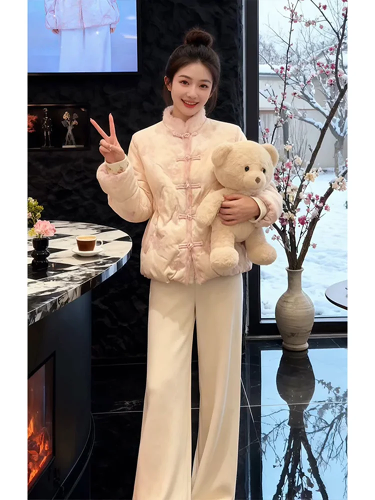 

Chic Commuter Winter Cotton Jacket Wide Leg Pants Two Piece Set Women's Brightening Warmth Chinese Style Casual Fashion