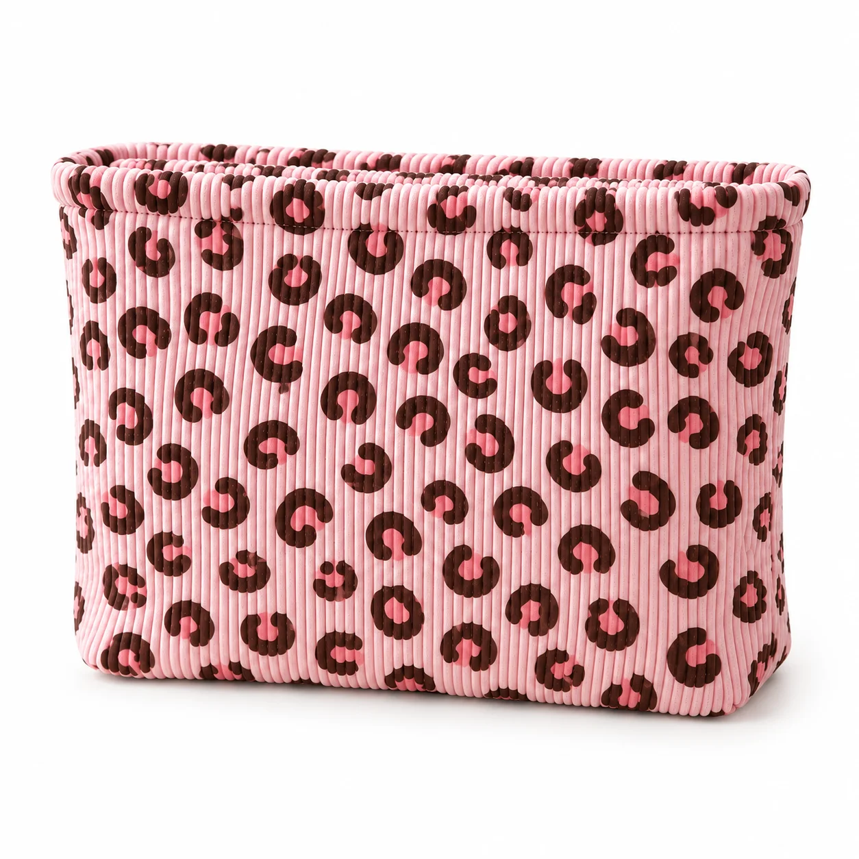 Corduroy Makeup Bag with Pink and Brown Leopard Print Rectangular Cosmetic Organizer for Daily Use and Dressing Table Storage
