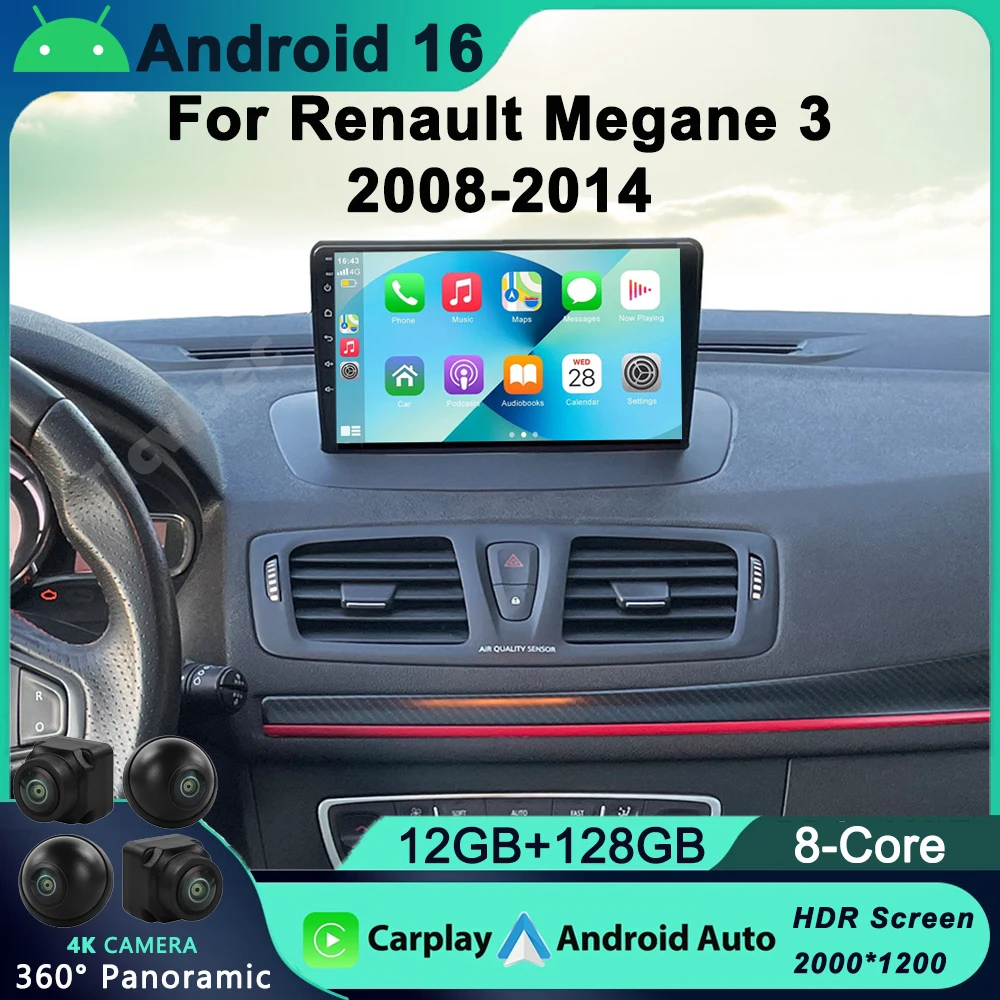 

Android 16 Car Radio for Renault Megane 3 Fluence 2008-2014 Multimedia 2Din 4G WIFI GPS Navigation Carplay DVD Head Unit