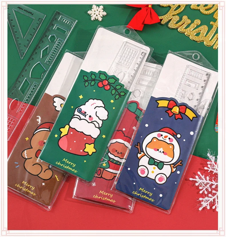 4 set Wholesale Christmas Ruler Set, Student Christmas Gifts, Stationery Cute Cartoon Triangle Board Four Piece Set