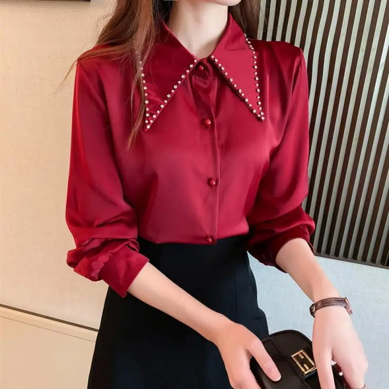 Women Spring Korean Temperament Loose Embroidered Flares Solid Color Long Sleeve Shirts Ladies Casual All-match Appear Thin Tops