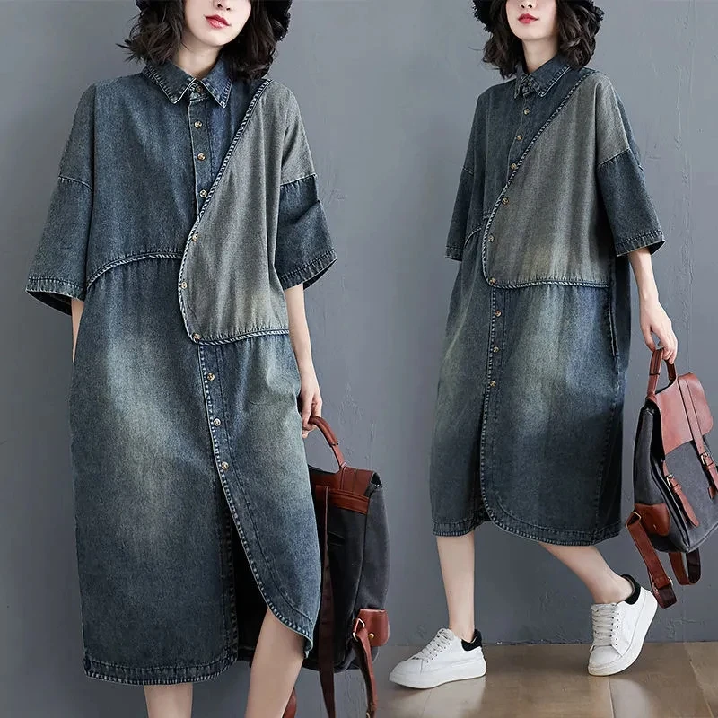 VWBQNZ ponadgabarytowa sukienka dżinsowa z krótkim rękawem 2025 moda letnia luźna Vintage Splice sukienka dżinsowa damska odzież codzienna