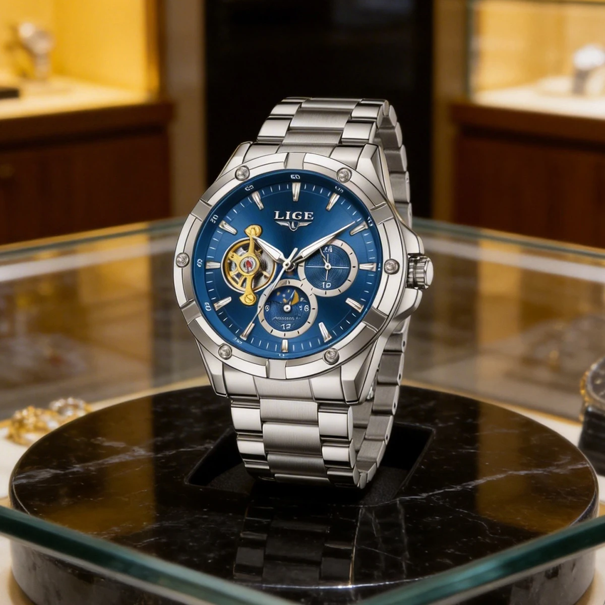 LIGE Mechanical Wristwatches Watches for Man Watches Golden Skeleton Automatic Mechanical Mens Watch reloj hombre montre homme