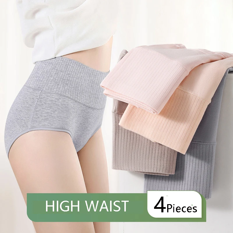 4Pcs/Set High Waist Cotton Women Panties Body Shaper Underwear Sexy Ladies Slimming Briefs Solid Plus Size L-3XL Female Lingerie