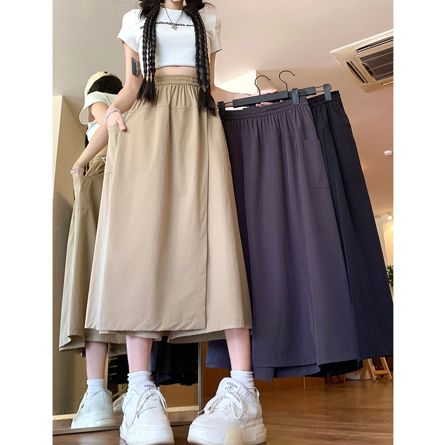 Ice Silk Yamamoto Work Skirt Pants Women Summer Thin High Waist Slimming Small Size Casual Wide Leg Pants Korean Style Straig...