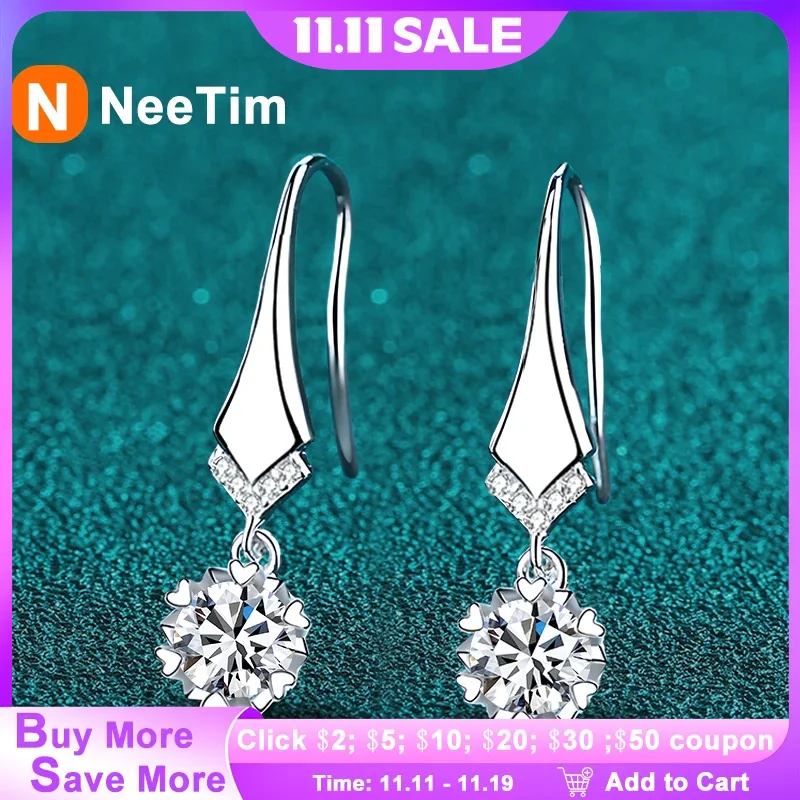 

NeeTim 1ct 0.5ct D Color Moissanite Drop Earrings For Women S925 Silver Lab Diamond Engagement Wedding Party Snowflake Earring