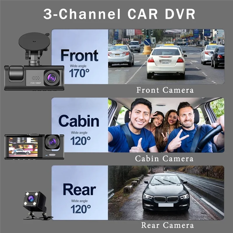 กล้อง DVR ติดรถยนต์3ช่องกล้องติดรถยนต์1080P กล้องติดรถยนต์3ทางพร้อมการมองเห็นได้ในเวลากลางคืน IR บันทึกวนรอบจอภาพสำหรับที่จอดรถ