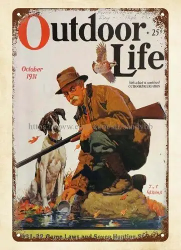 house interior 1931 OUTDOOR LIFE magazine cover quail hunting dog metal tin sign sign