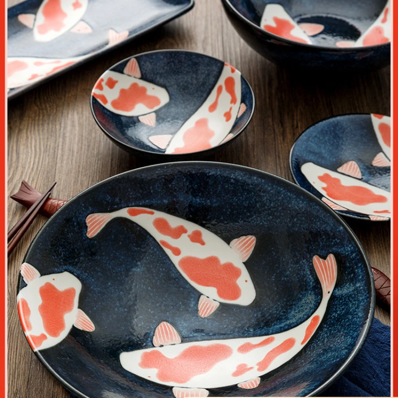 Japanese Carp Cutlery Bowls Plates Lucky Household Ceramic Dishes Rectangular Sushi Plates Chinese Kitchen Plates  Pratos Jantar