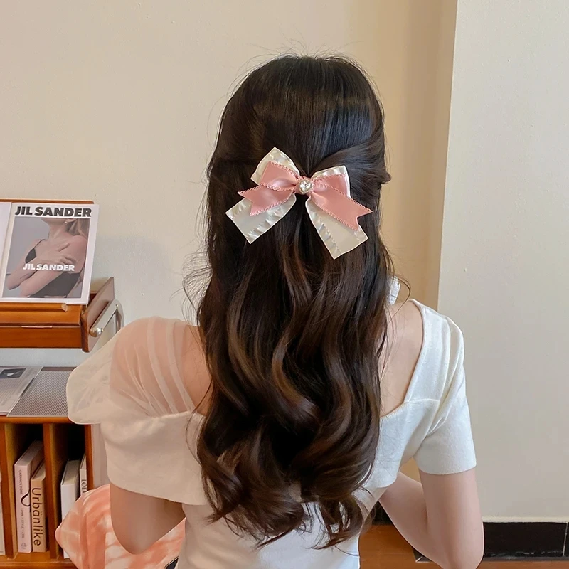 Cream Colored Bow Tie Hairpin Women Cute Ponytail Love Sparkling Rhinestone Headwear Girls Hair Clips Hair Accessories Jewelry