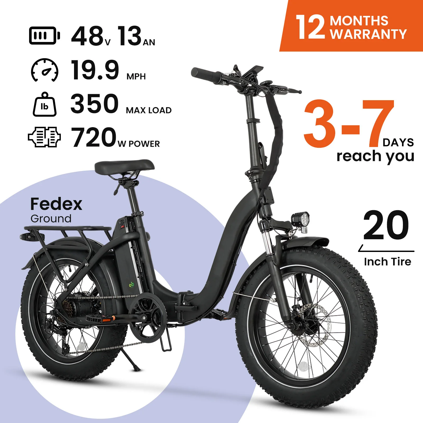 Depot 20x3 Inches Foldable E-Vehicle 500W 48V Source CE Approved Dual Rotor Stops