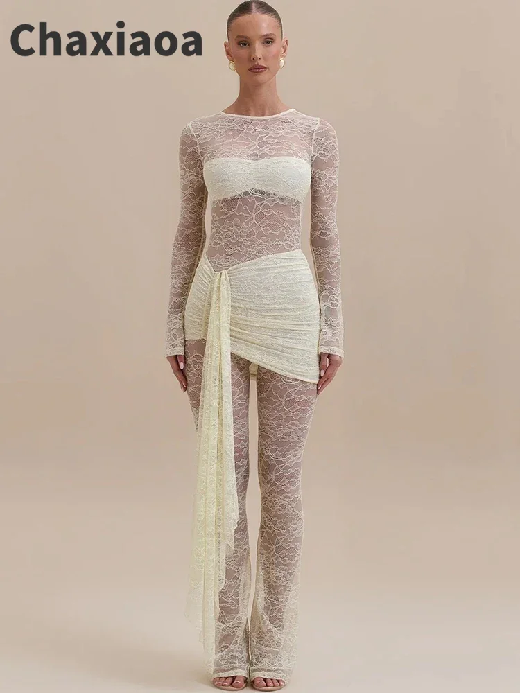 

Chaxiaoa Lace See Through Sexy Jumpsuits Women Rompers Elegant Mesh Sheer Skinny Draped Ruched Club Party Jumpsuit Female