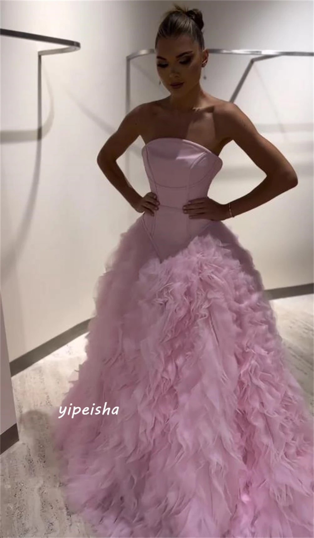 Women Intricate Strapless Ball Gown Quinceanera Open Back Draped Sweep/Brush Skirts Net/Tulle Evening