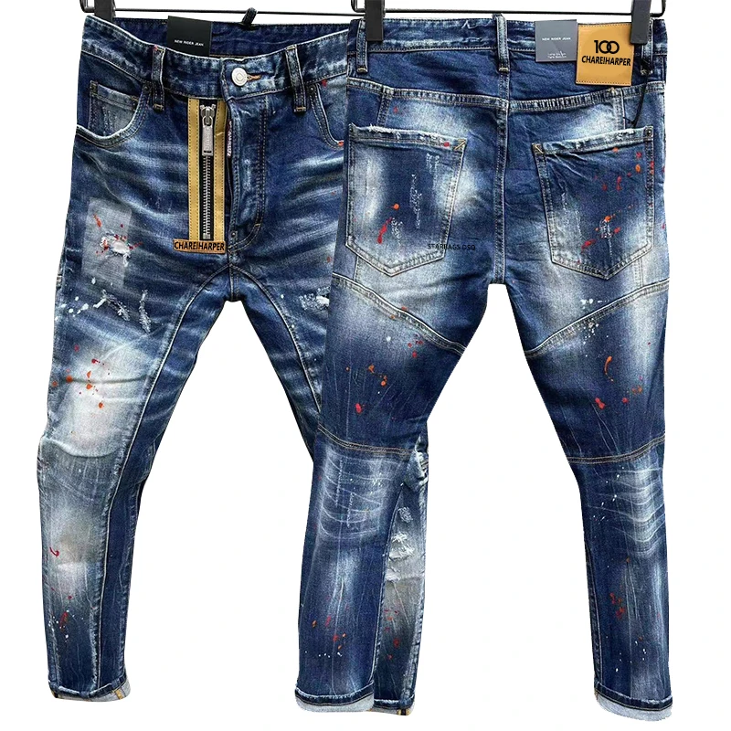 

chareiharper 100 T82 Men's fashion trend Spin paint skinny stretch slim embroidered badge small foot jeans