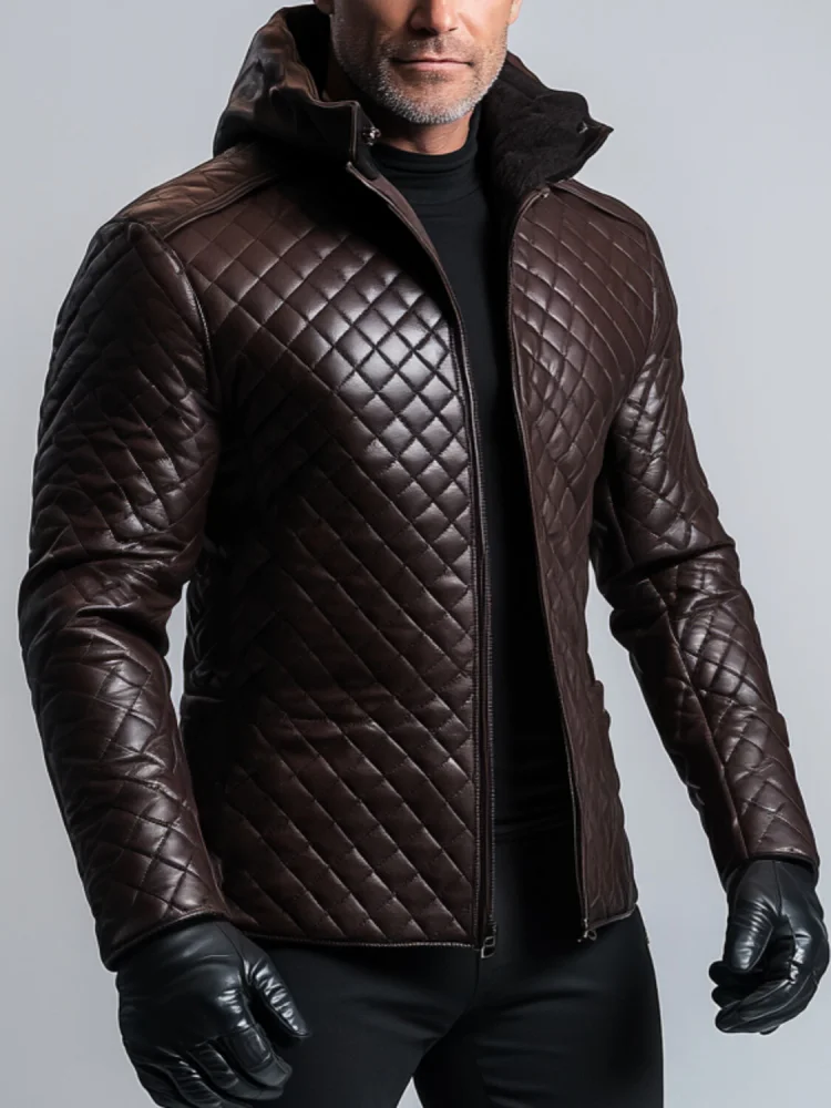 Men's Brown Quilted Faux Leather Jacket Hooded Zip Up Slim Fit Motorcycle Coat