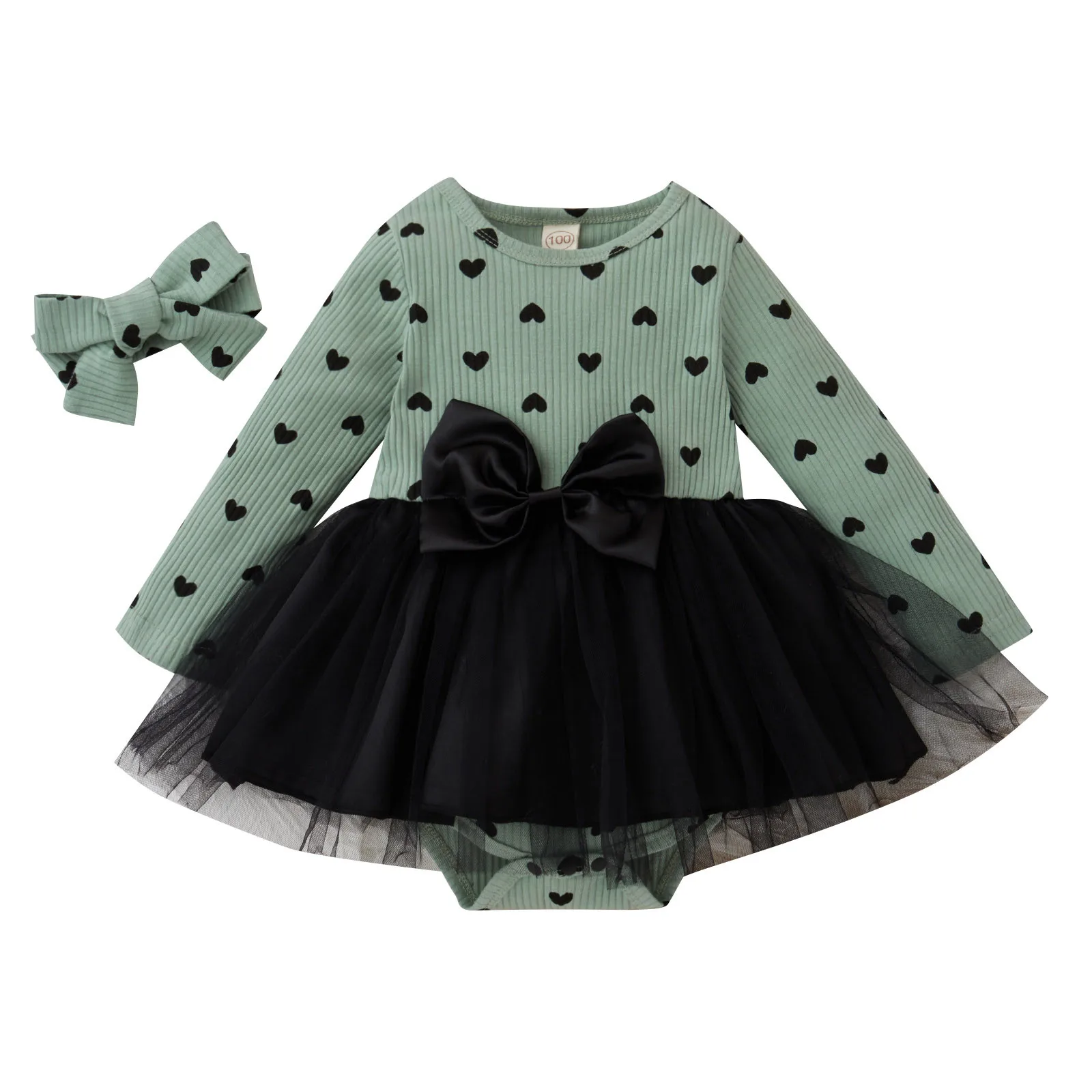 

Leotard Fabric Infant Baby Girls Romper Suit Long Sleeve Heart Printed Bowknot Bodysuit Dress Romper Cute Long Cotton Trendy