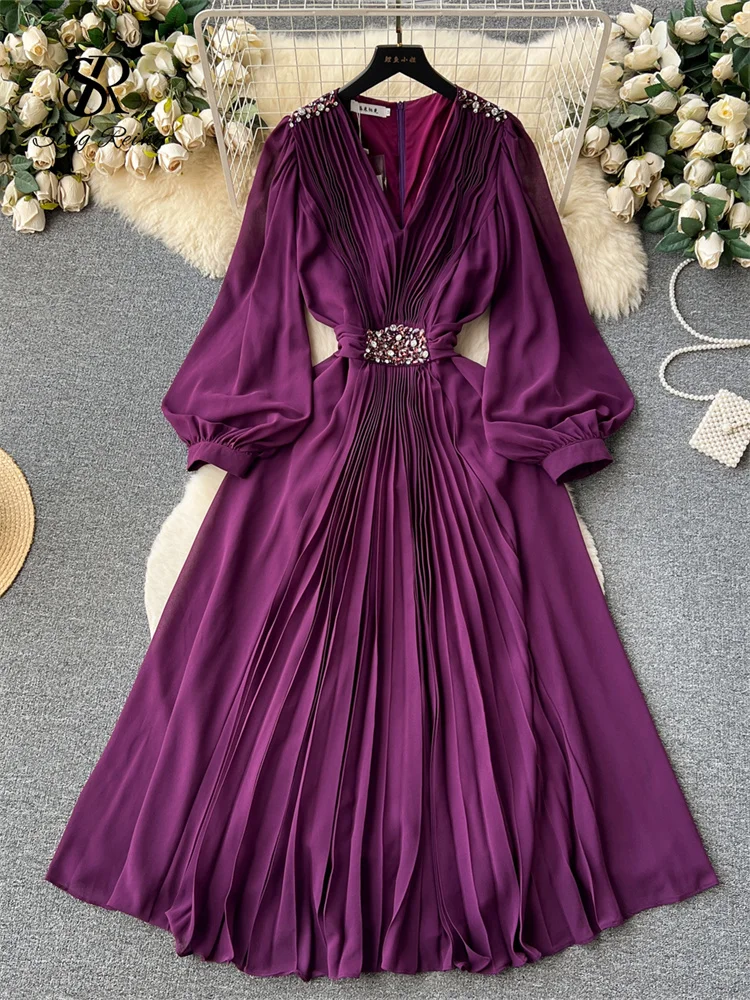 SINGREINY Vintage Senior Pleated Dress V Neck Lantern Sleeve Zipper Bow Diamonds High Quality Lady France Elegant A Line Dress