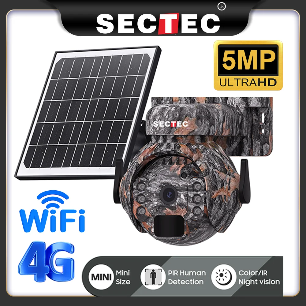 Sectec 5MP 4G Solar Cameras 4G Sim/WIFI Wireless Outdoor 360° View Animal Monitoring Camouflage Color Solar Battery PTZ Camera