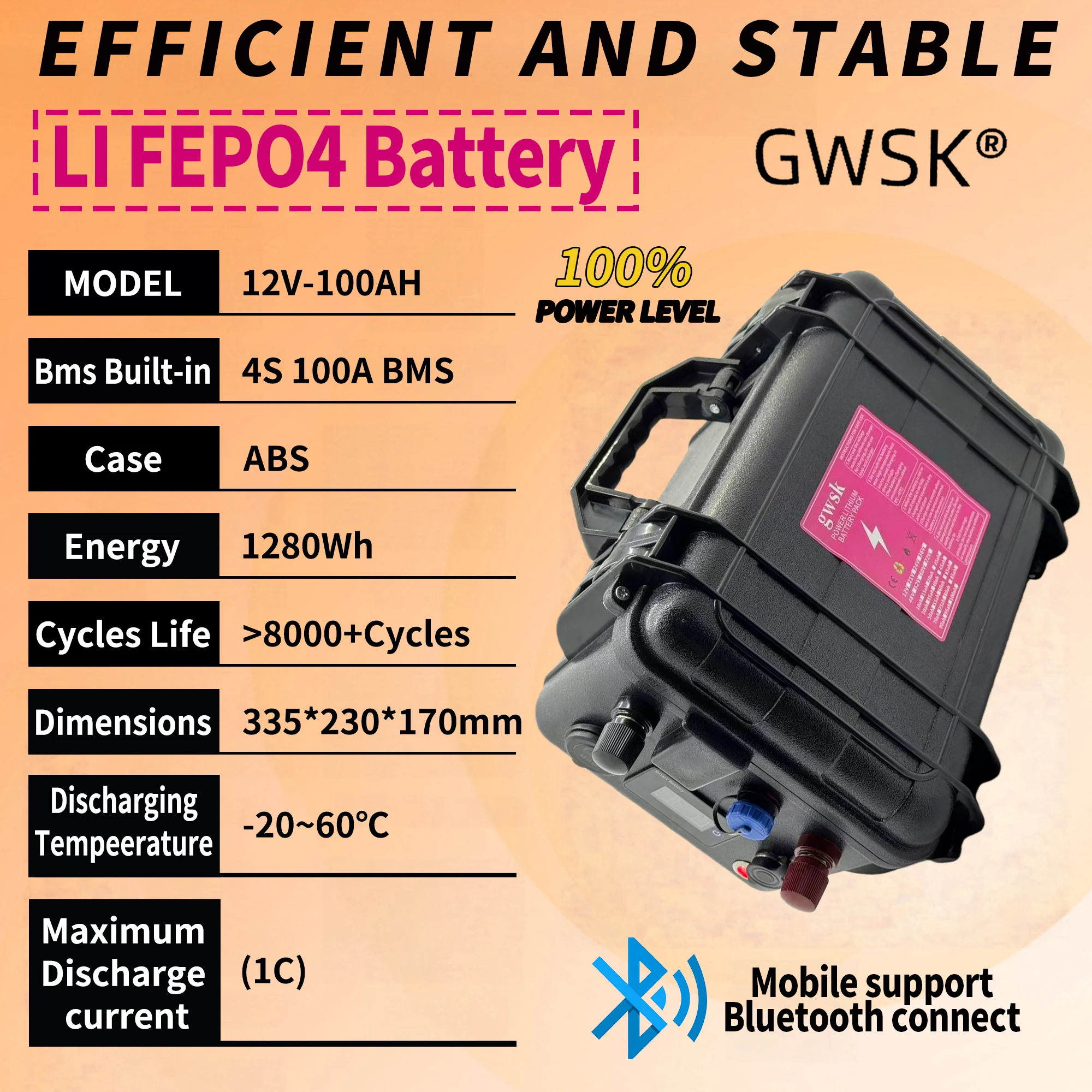 

Air freight delivery, supports Bluetooth, 12V lithium iron phosphate battery, 12V-100AH built-in BMS100AH, power display