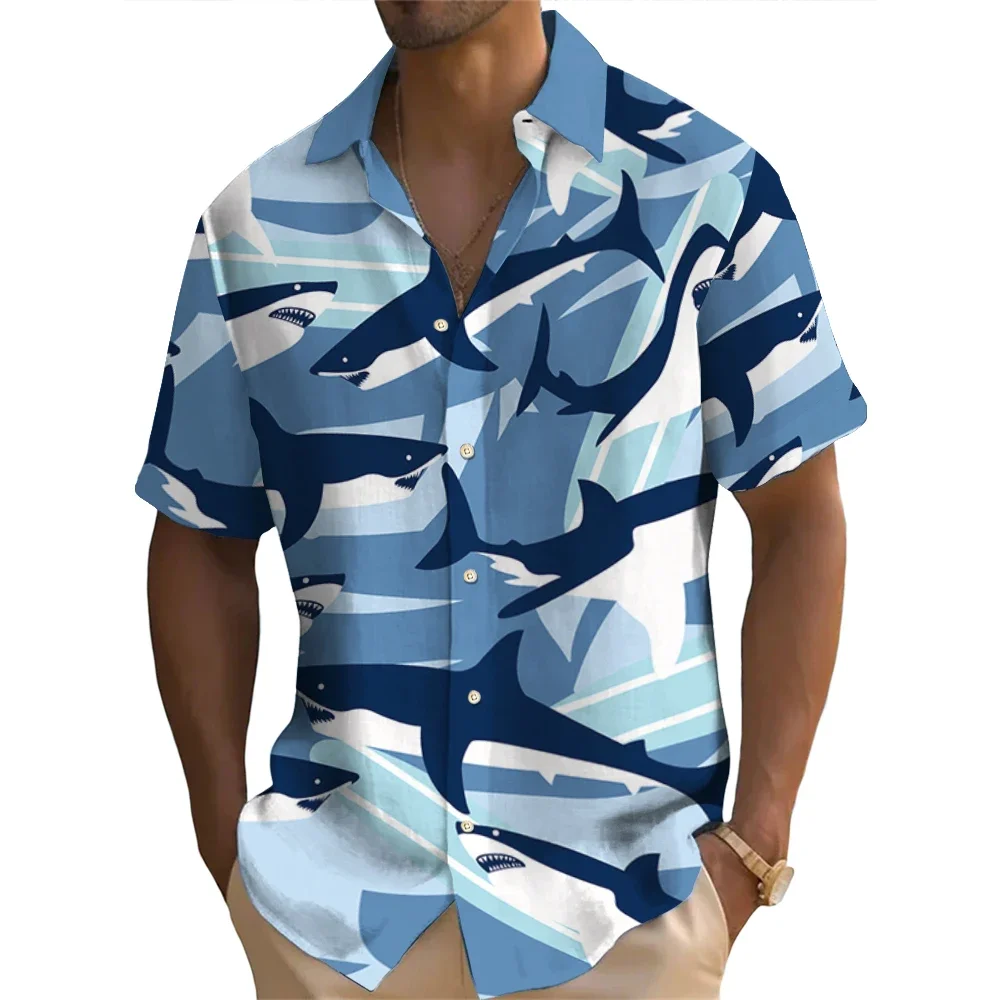 Hawaiian Shirt For Men Kawaii Shark Pattern Short Sleeved Shirts Casual Men's Streetwear New Loose Tops Oversized Original Shirt