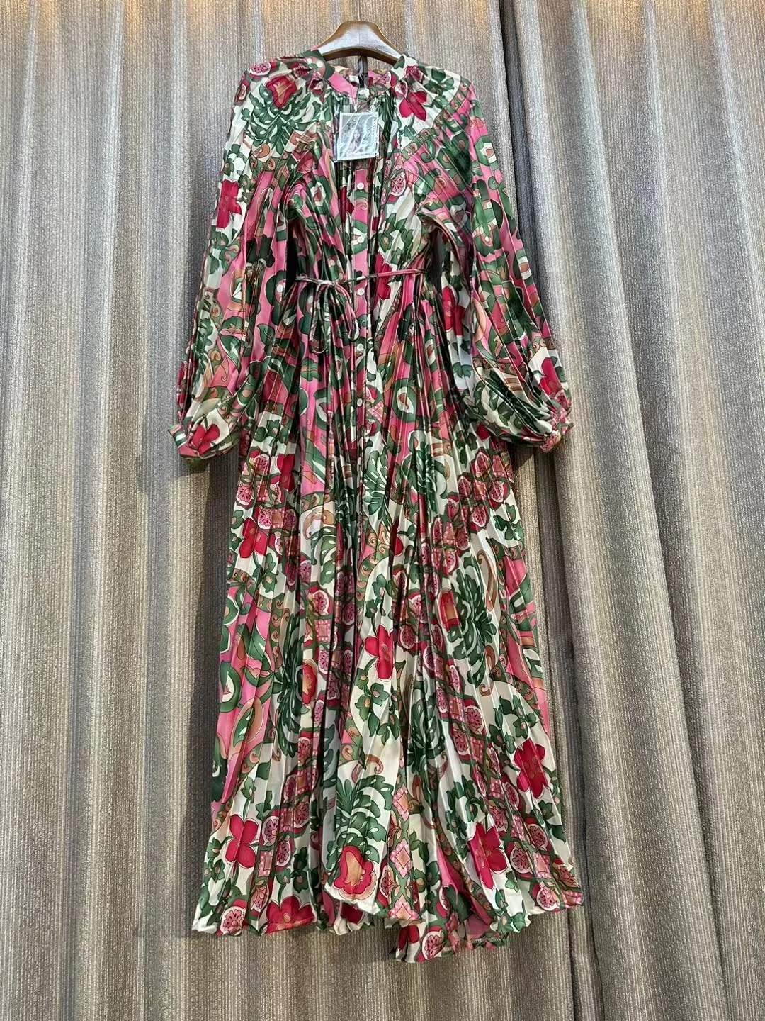 Robe longue imprimée à simple boutonnage pour femmes, manches lanterne, col rond, mince, tempérament, élégant, vintage, chic, printemps, nouveau, 2023