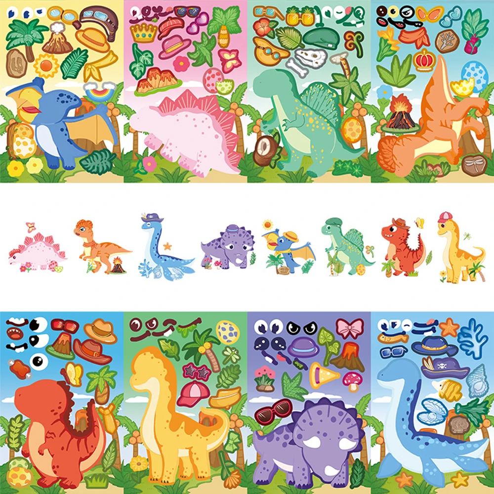 8/16 Blatt niedliche Cartoon-Dinosaurier-Tier-Puzzle-Aufkleber „Make a Face“, DIY, lustig, zum Zusammenbauen, Lernspielzeug, Abziehbilder, Party-Geschenk