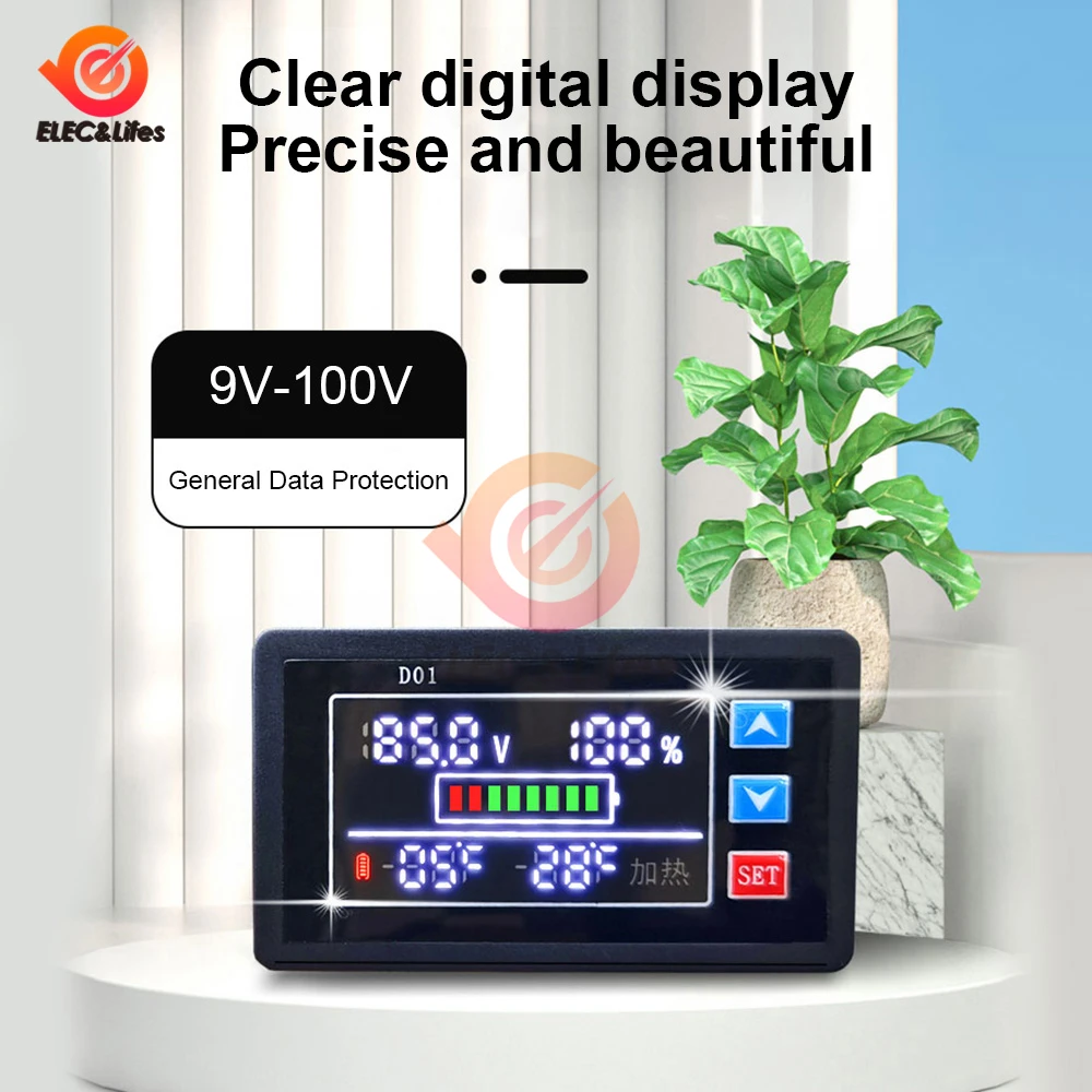 DC 9V-100V Waterproof Voltage Meter Battery Power Display Lithium Battery Electricity Quantity Detector With Temperature Control