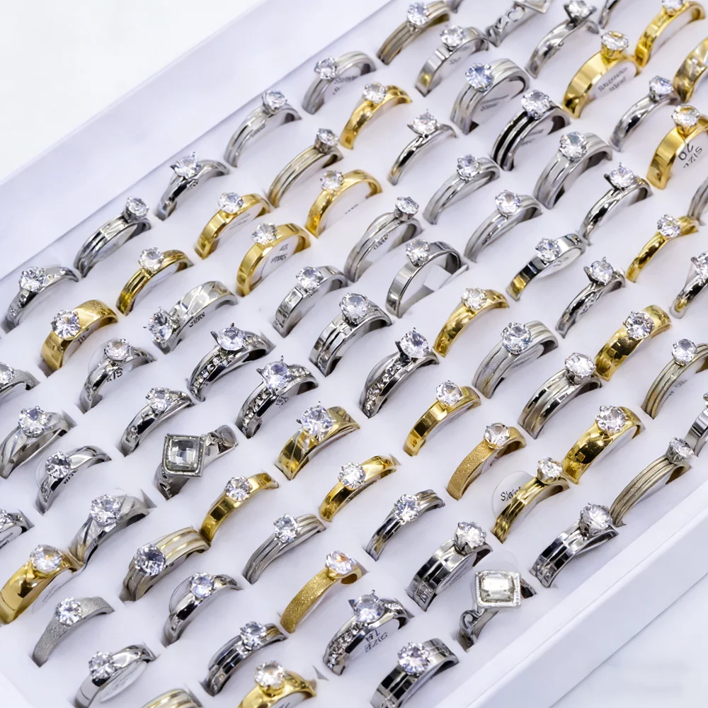 10/20/30/50/100Pieces Fashion Zircon Stainless Steel Rings For Women Men Mix Style Simple Engagement Wedding Jewelry Party Gifts