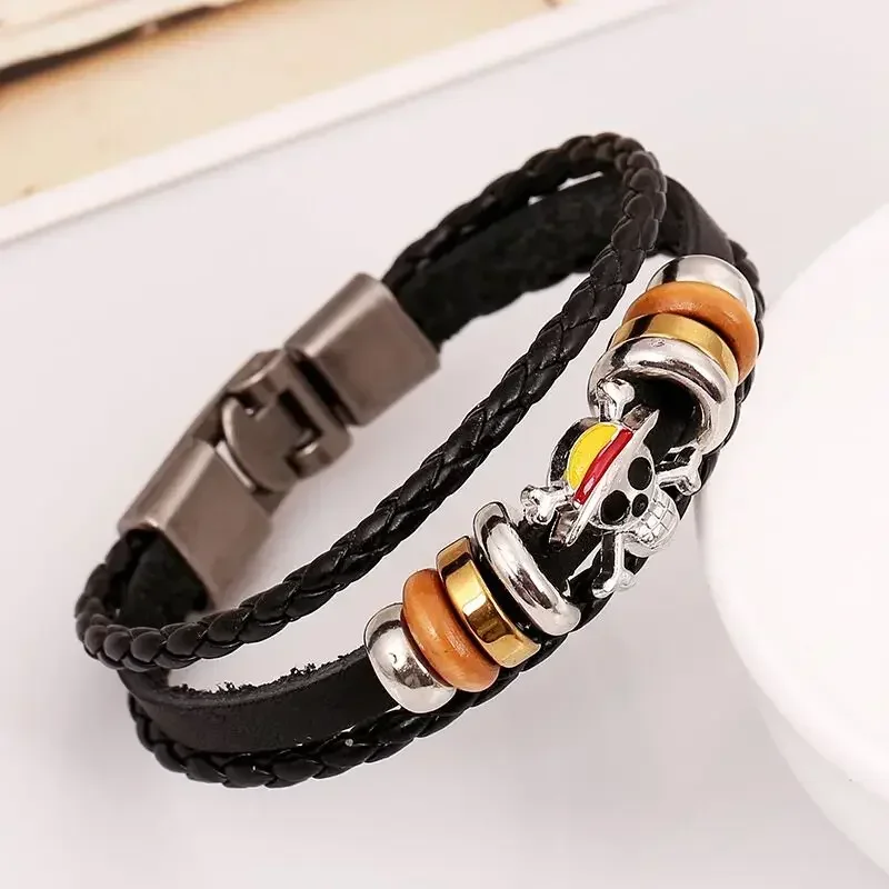 1Pc One Piece Luffy Pirate Bracelet Japan Cartoon Action Figure Toys Punk Black Leather Braided Punk Rock Bangles Bracelet Gifts