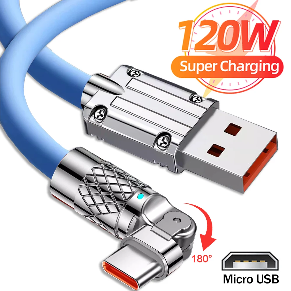 120W 6A Super Fast Charging Micro USB Data Cables 180 Degree Rotatable Zinc Alloy Sturdy Cellhone Micro USB Charger Wire Cord