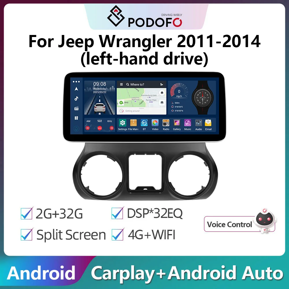 Podofo 12.3inch Android Carplay Car Radio For Jeep Wrangler 2011-2014 Android Auto 4G Multimedia Player GPS Navigation WIFI RDS