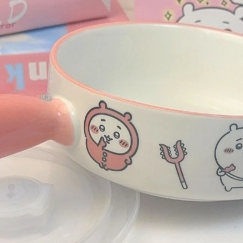Anime Cartoon Kawaii Chiikawa Hachiware Noodle Bowl Cute Pink Handle with Lid Baked Rice with Lid Instant Noodle Bowl Anti-scald