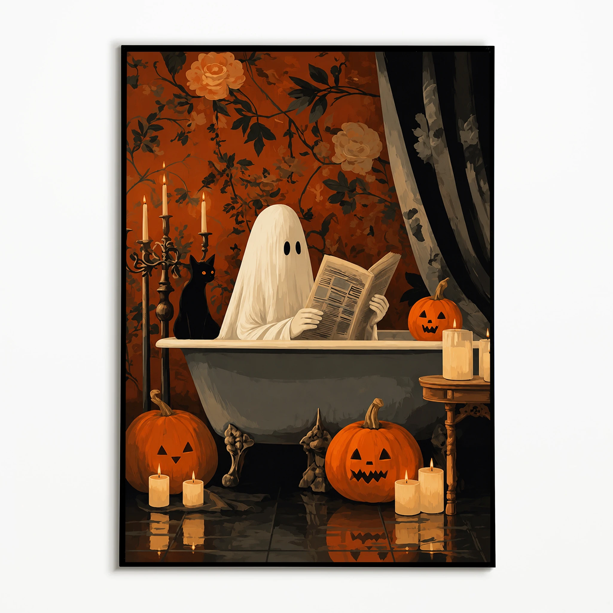 1PC Bathroom Fun Ghost Reading Newspaper Poster  Black Cat Pumpkin Wall Art  Autumn Halloween Toilet Canvas Printing  Fall Gift