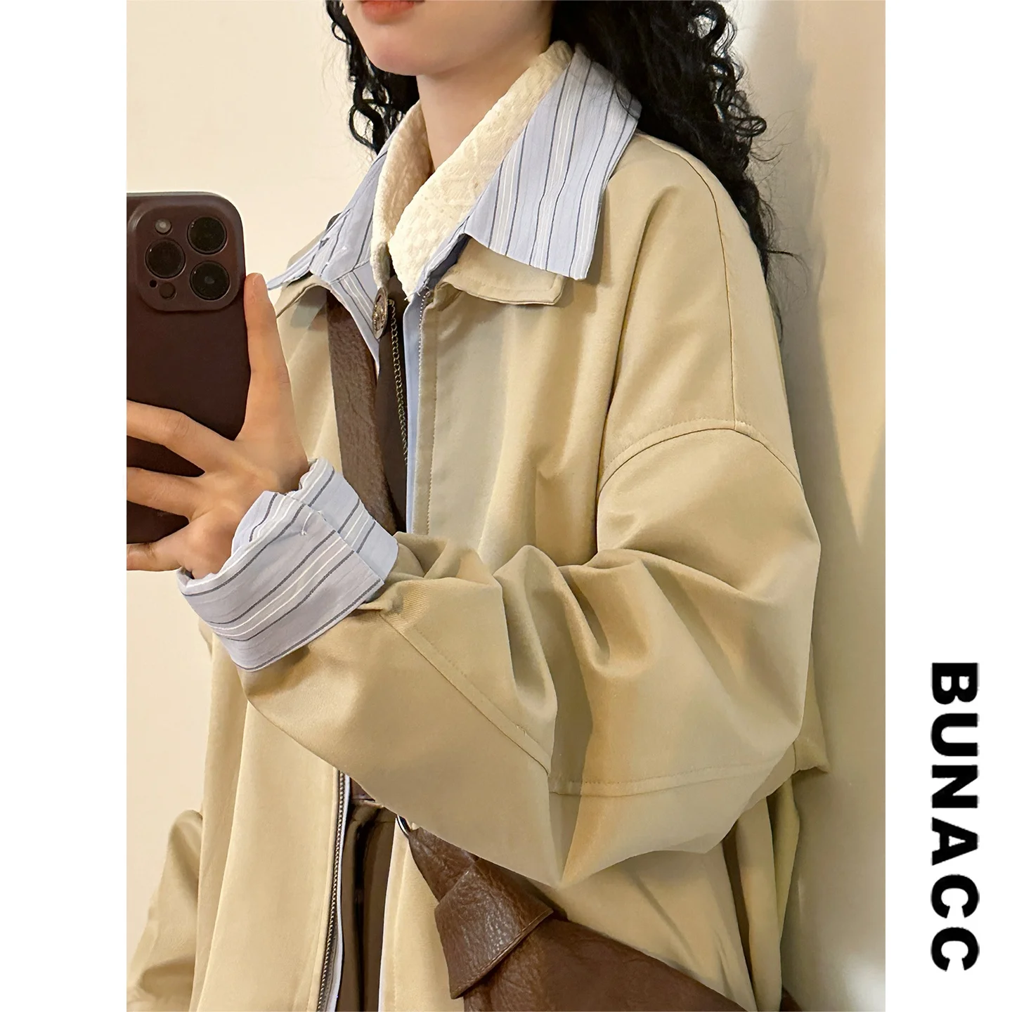 

Американская ретро-куртка в повседневном стиле для женщин: свободный крой, воротник-стойка, на молнии, с длинными рукавами, цветная верхняя одежда