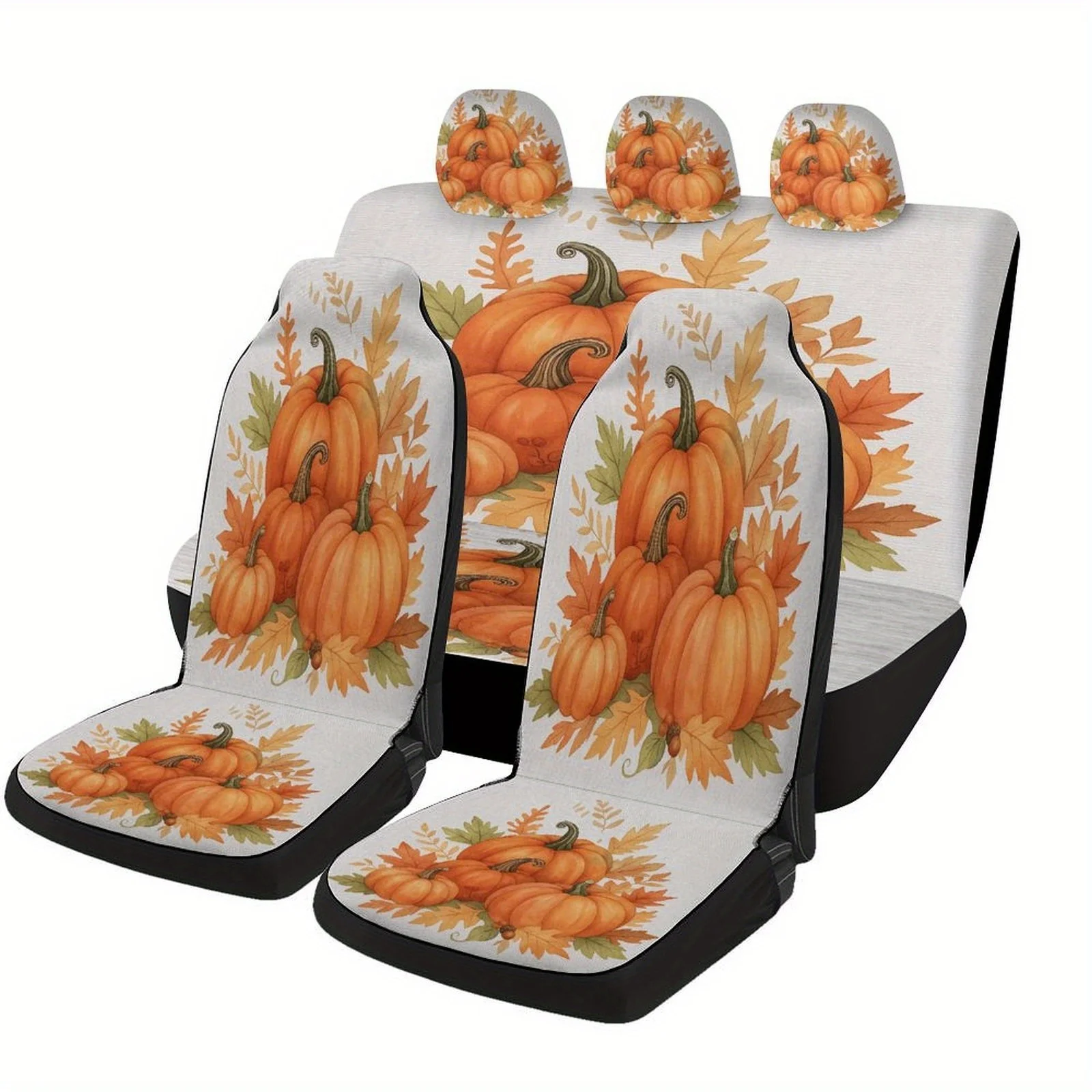 Autumn Pumpkins Designed Car Seat Cover Set For Most Cars, Trendy Novelty High-quality Car Seat Protector Covers Full Set, Unive