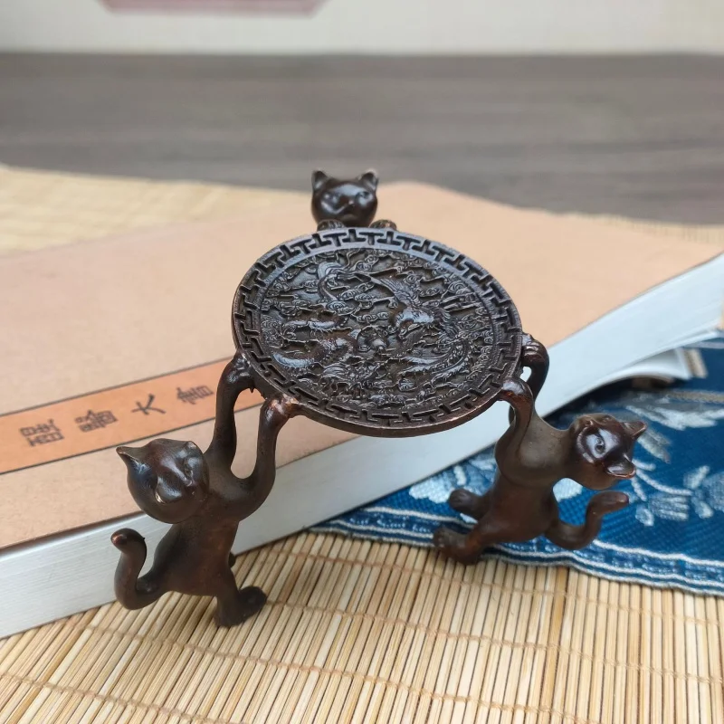 Distressed Antique Copper Kitten Cover Decoration Small Size Tea Ceremony Incense Burner Iron Pot Three Kitten Japanese Style Po