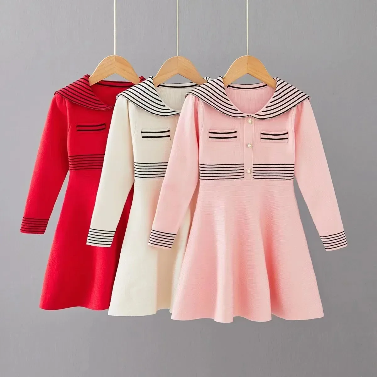 Girls Knitted Dress 2024 Autumn Winter New Children Gown Princess Solid Color Vestidos Kids Fashion Sweater Dresses Baby Clothes