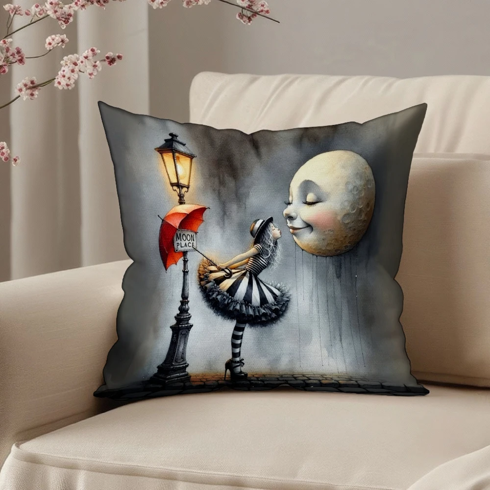 Square Throw Pillow Case Gray Surreal Ballerina With Red Umbrella And Moon Face Art Print For Living Room Sofa Bedroom Home Deco