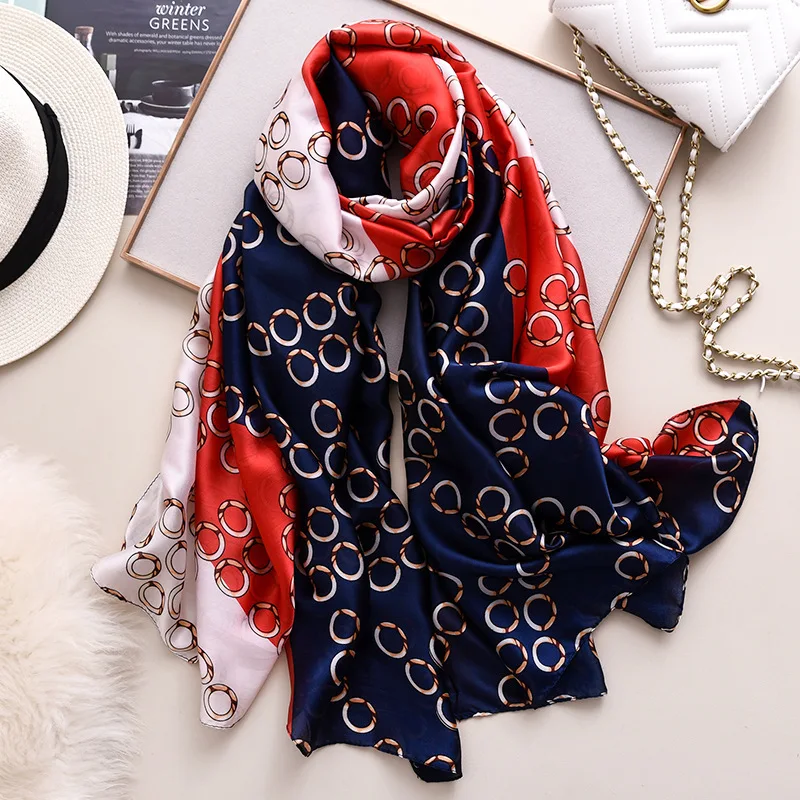 180x80cm Bedruckter Großer Schal Seidenschal Damen Luxusmarke Satin Stirnband Hijab Bandana Turban Foulard Sommer Strand Stola