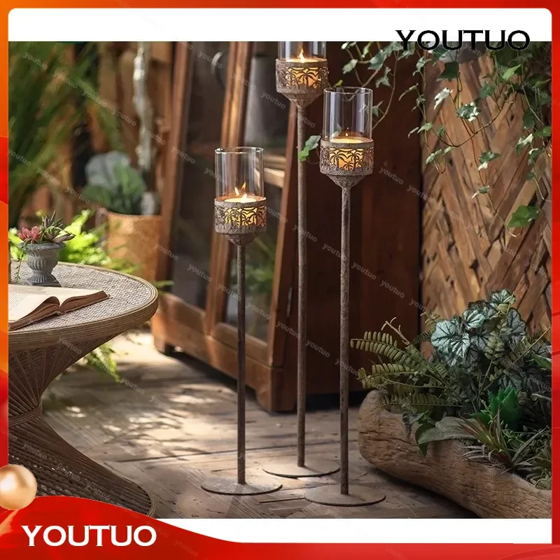 American Retro Windproof Floor Candle Holder Wrought Iron Vintage Handicraft for Foreign Trade Atmosphere Decoration Props