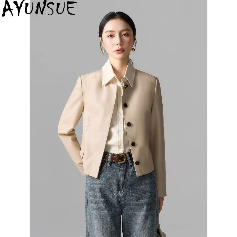 AYUNSUE Real Leather Jackets for Woman 2026 Short Autumn Long Sleeve Tops Luxury Commute Outerwear Woman Clothing ropa mujer