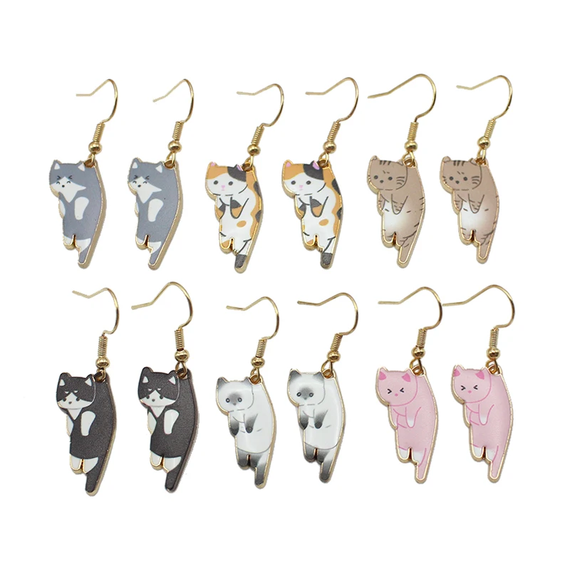 New 6 Colors Cartoon Animal Cat Alloy Dangle Earring for Women Lovely Simple Daily Kitten Ear Jewelry Wholesale Christmas Gift