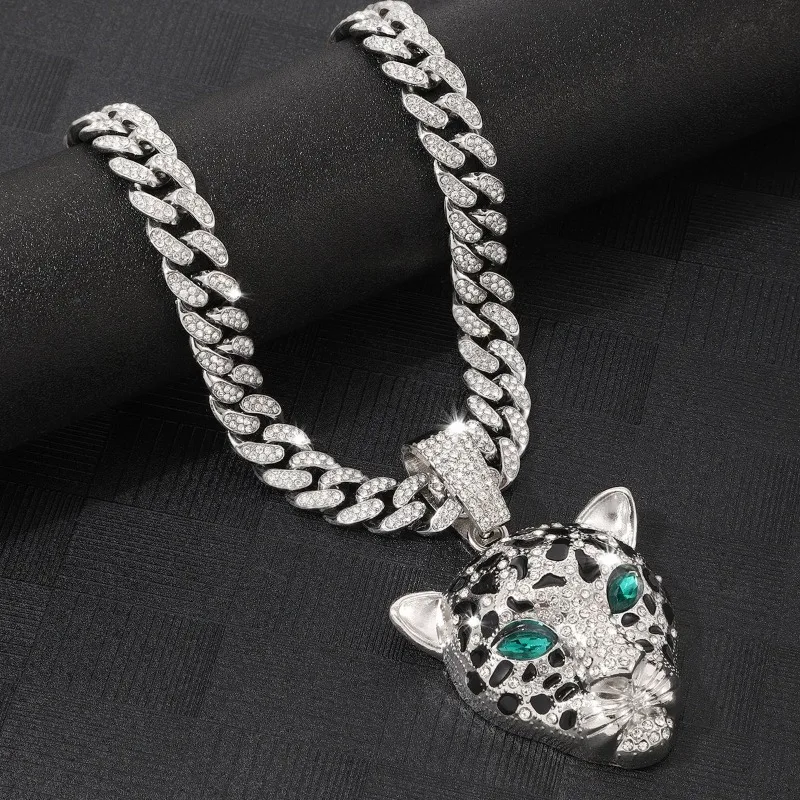 

Hip Hop Leopard Head Pendant Necklaces Men Alloy Fashion Choker Artificial Gemstones Full Diamond Cuban Chain Necklace Jewelry