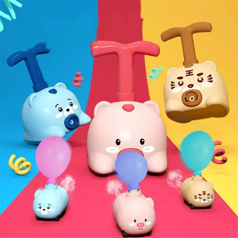 Aerodynamic Balloon Car Children's Cartoon Pig Manual Balloon Inflator Puzzle Press Type Balloon Inflated Glide Piggy Car