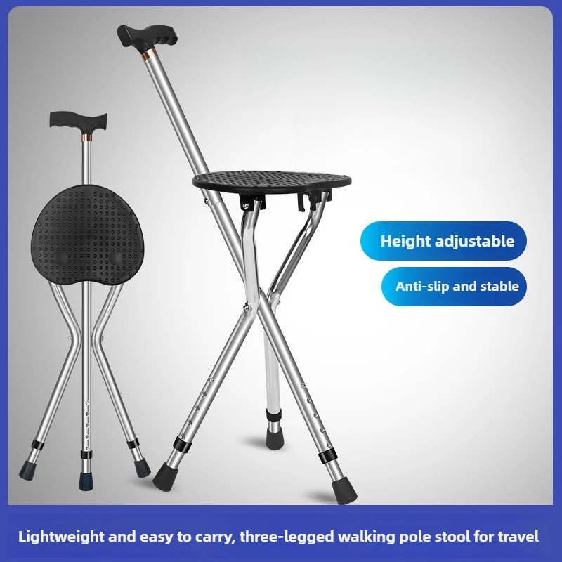 Aluminum Foldable Cane Stool  Anti-Slip Elderly Walking Stick with Night Light  Heavy-Duty Tripod Stool Adjustable Mobility Aid